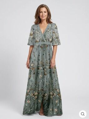 Floral Embroidered Sage V-Neck Maxi Dress